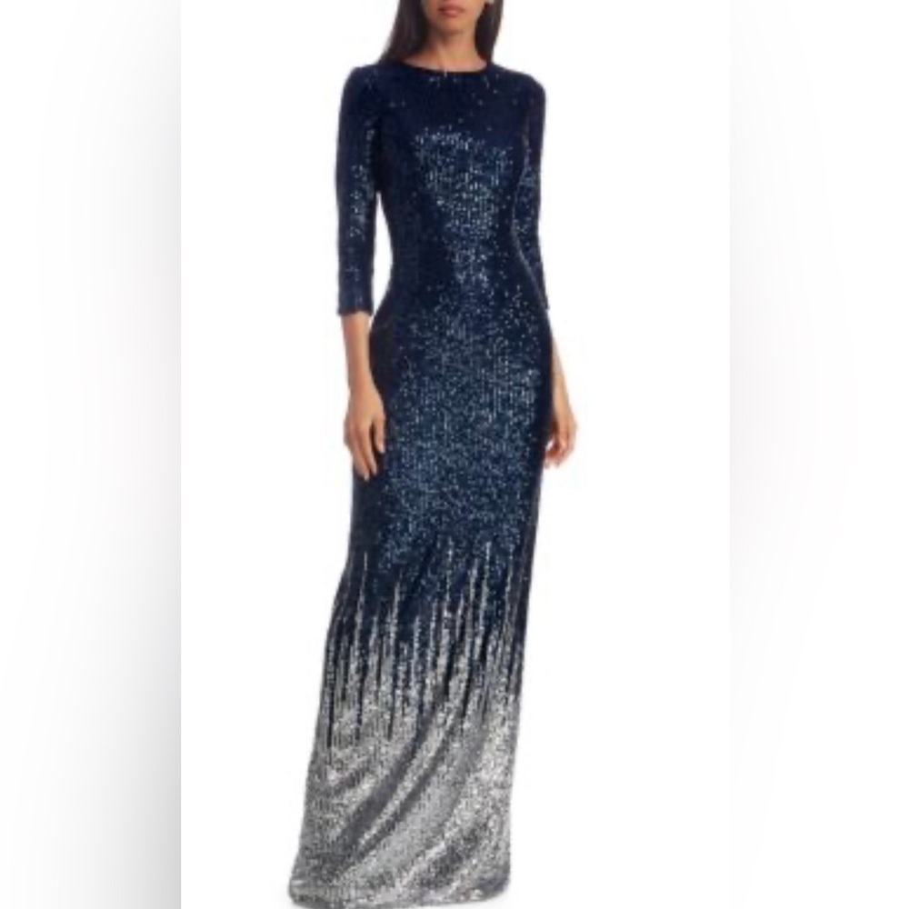 Teri Jon By Rickie Freeman Sequin-Embellished Knit Gown Formal Blue Size 4